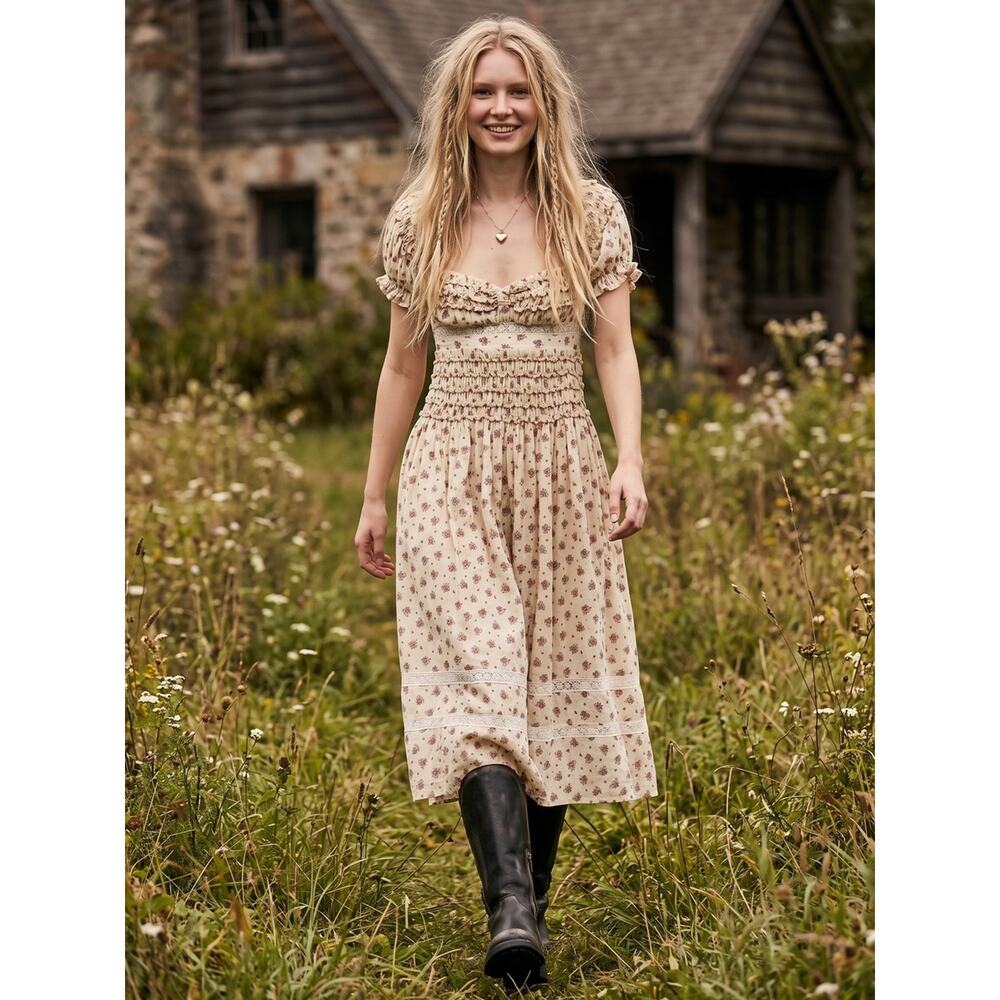Free People Dainty Cottage Ethereal Bali Juniper Midi Dress 10 Lace Cream Floral - Picture 7 of 14
